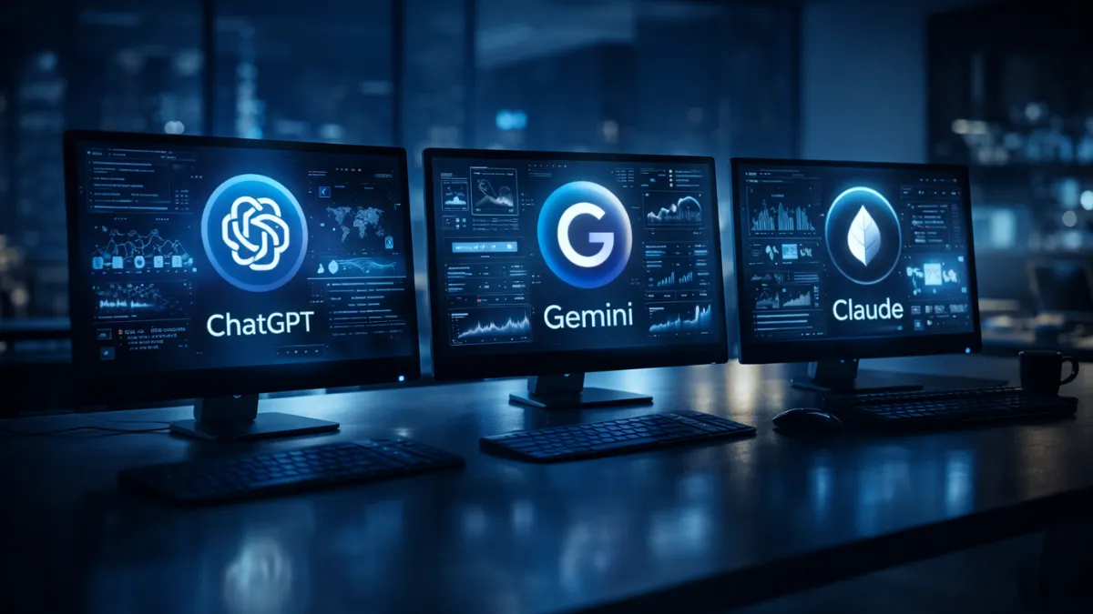 تصوير سينمائي لثلاث شاشات كبيرة متجاورة في مكتب حديث مُظلم، كل شاشة مضاءة بضوء أزرق وبيضاء بارد، تعرض واجهات ذكاء اصطناعي متوهجة تحتوي على شعارات نماذج AI مختلفة إلى جانب لوحات تحكم بيانية، رسوم بيانية، ومخططات بيانات ديناميكية، منظور واسع (wide shot) على مستوى العين البشرية، أجواء تقنية متطورة، نسبة أبعاد 16:9.