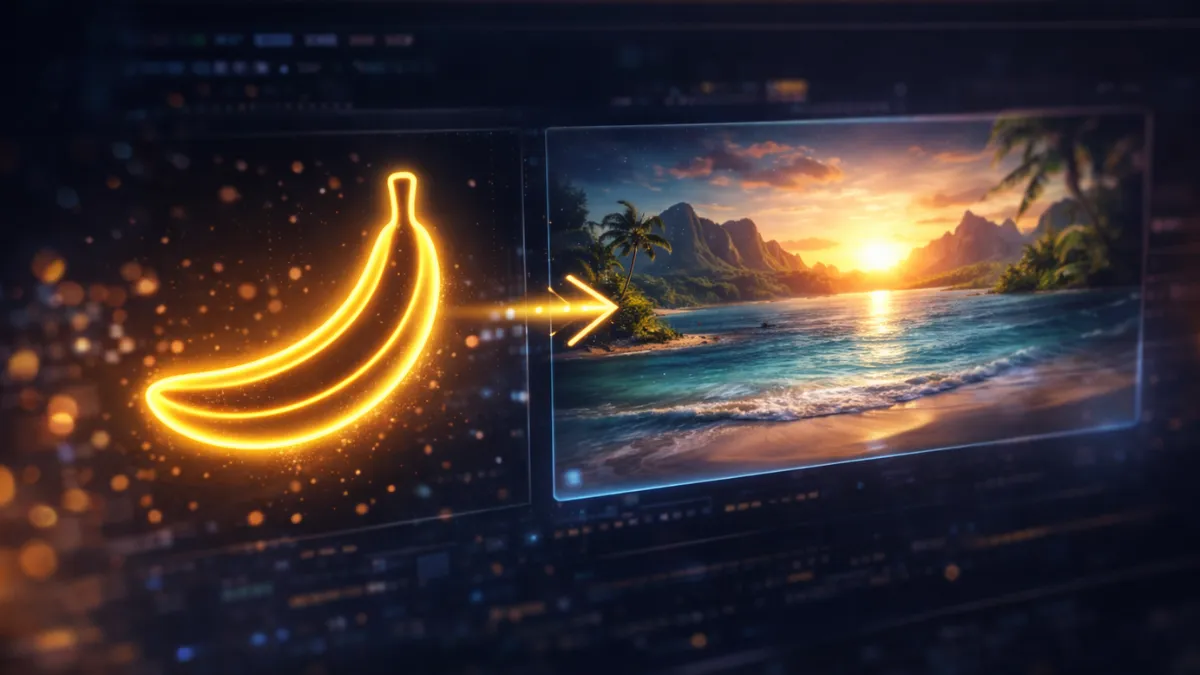 أيقونة موزة مضيئة تتحول إلى منظر طبيعي واقعي مُولَّد بالذكاء الاصطناعي على واجهة تقنية داكنة