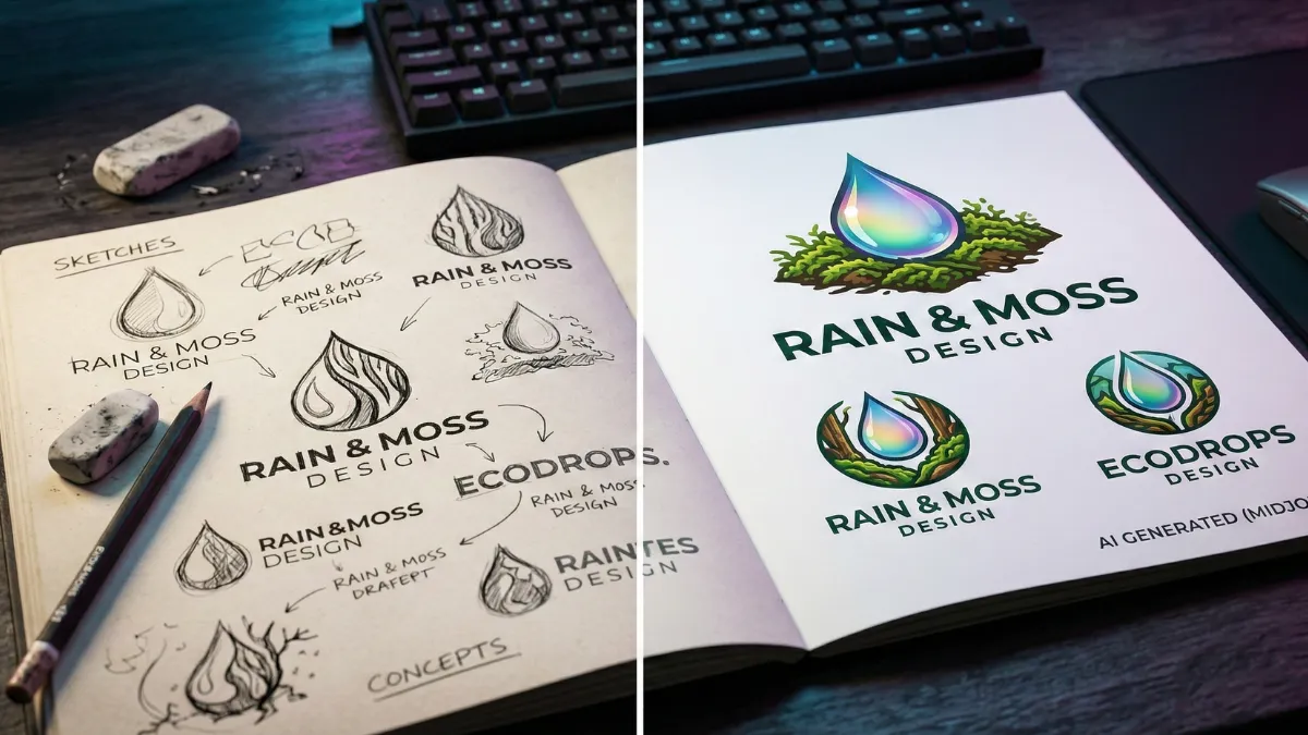 مقارنة مقسمة (split comparison) تُظهر في جانب واحد رسومات يدوية تخطيطية (hand-drawn sketches) بخطوط خامة وغير منتظمة مرسومة بالقلم الرصاص أو الحبر، وفي الجانب الآخر شعارات احترافية مصقولة ومُحكمة التصميم مولدة بالذكاء الاصطناعي (AI-generated polished logos)، كلها موضوعة على سطح مكتب مصمم جرافيك مع أدوات تصميم متناثرة، إضاءة جانبية درامية قوية (dramatic side lighting) تُلقي ظلالاً عميقة وتُبرز التفاصيل، طابع واقعي سينمائي عالي الجودة (cinematic realism)، نسبة أبعاد 16:9.