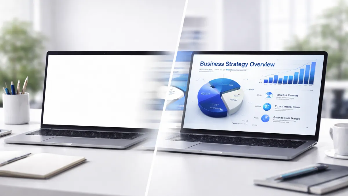 تصوير ديناميكي لشاشة مقسمة تُبرز عملية التحول السريع: على الجانب الأول شريحة PowerPoint أو Keynote فارغة تمامًا، وعلى الجانب الثاني نفس الشريحة بعد ثوانٍ فقط وقد أصبحت عرضًا تقديميًا احترافيًا مصممًا بأناقة عالية (polished professional presentation)، داخل مساحة عمل حديثة نظيفة وبسيطة للغاية (clean minimal workspace)، مضاءة بإضاءة استوديو ساطعة وبيضاء نقية، مع تأثير طمس حركي (dynamic motion blur) يعطي إحساسًا بالسرعة والكفاءة في إنشاء العروض التقديمية، منظور سينمائي، نسبة أبعاد 16:9.
