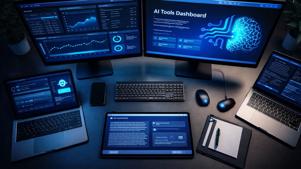 لوحة تحكم تعرض أدوات ذكاء اصطناعي متعددة في بيئة عمل احترافية