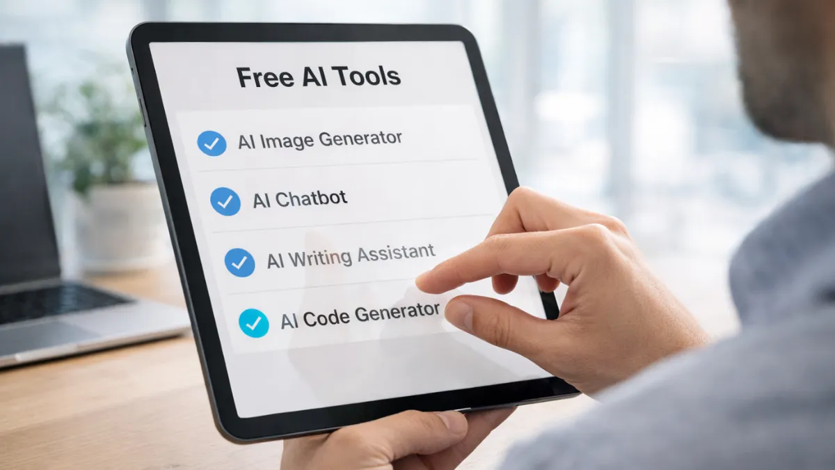 مستخدم يختار أداة ذكاء اصطناعي مجانية من قائمة على جهاز لوحي