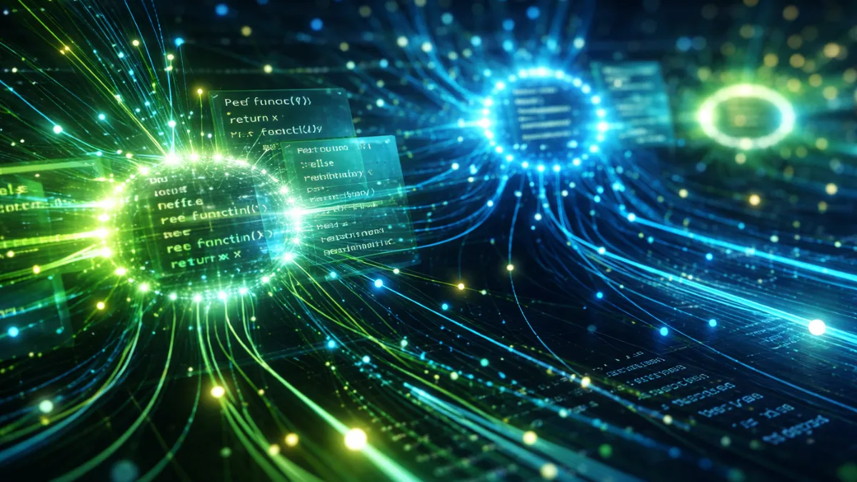 تصور مجرد لنماذج ذكاء اصطناعي متخصصة في البرمجة تتنافس فيما بينها، تُجسَّد على شكل مسارات عصبية متوهجة (neural pathways) تقوم بمعالجة صيغ وتراكيب الشيفرة البرمجية داخل فضاء رقمي أسود عميق، تيارات بيانات نيون باللون الأخضر والأزرق المتدفقة بسرعة، منظور سينمائي ماكرو (macro cinematic perspective)، نسبة أبعاد 16:9.