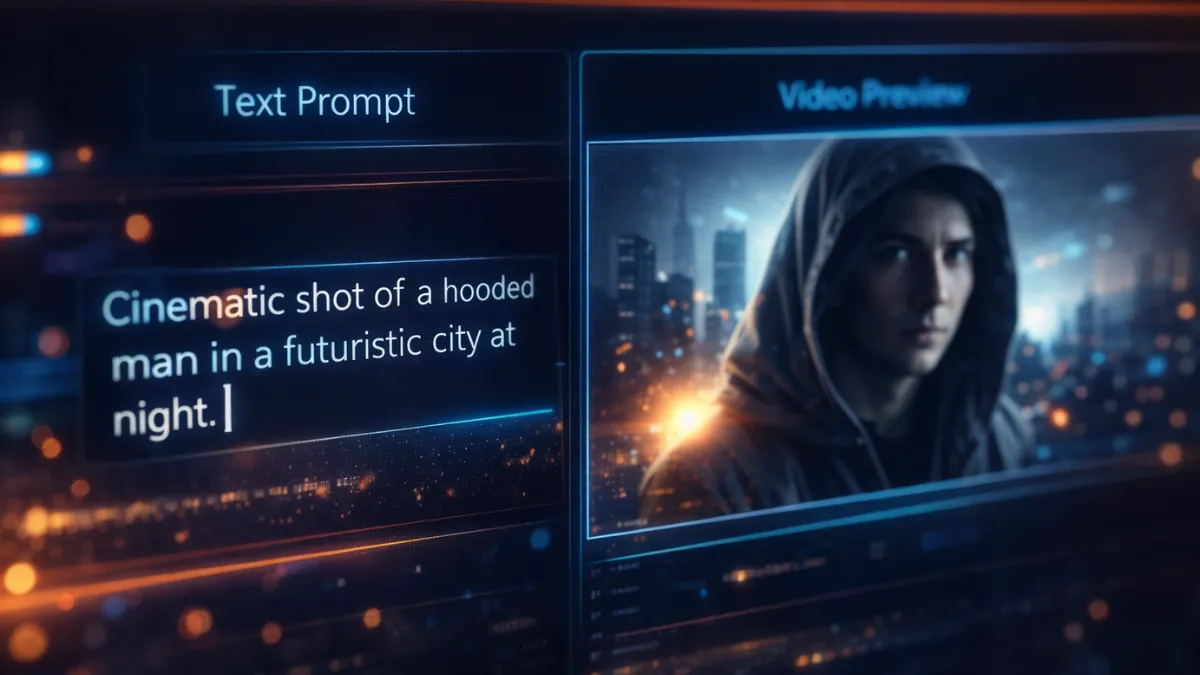لقطة مقربة (close-up) لواجهة مستخدم رقمية حديثة تُظهر عملية كتابة نص prompt (مطالبة نصية) في حقل إدخال، بينما تظهر معاينة الفيديو الناتج (video preview) في شاشة مقسمة (split screen) على الجانب الآخر، توهج نيون ناعم وخافت ينبعث من العناصر الرئيسية، تصوير سينمائي باستخدام عدسة ماكرو لإبراز التفاصيل الدقيقة للكتابة والانعكاسات، نسبة أبعاد 16:9.