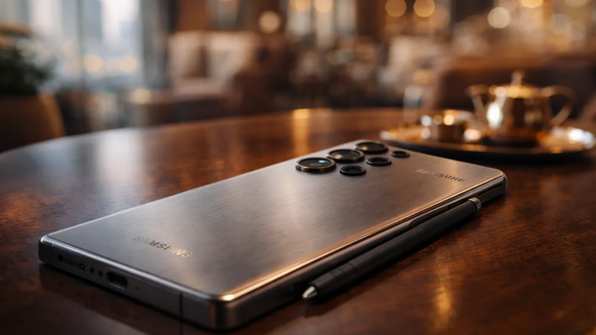 لقطة قريبة بعدسة ماكرو 85mm على خلفية ضبابية (bokeh عميق). هاتف Galaxy S25 Ultra موضوع على طاولة قهوة خشبية في مقهى دبي الراقي.