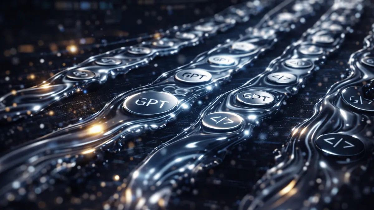 سائل فضي يُشبه الزئبق يُشكّل تدفقات رموز متوازية على خلفية تقنية داكنة