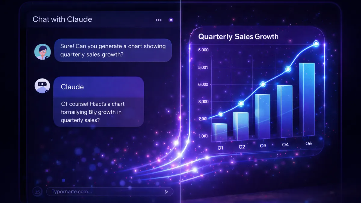 واجهة مقسومة تُظهر محادثة مع Claude بينما ينبثق مخطط تفاعلي مضيء من داخل تدفق الحوار