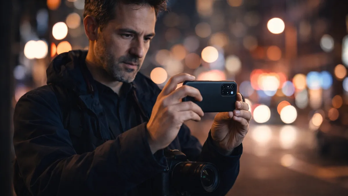 مصور محترف يختبر كاميرا هاتف ذكي في بيئة حضرية ليلية منخفضة الإضاءة مع خلفية أضواء المدينة