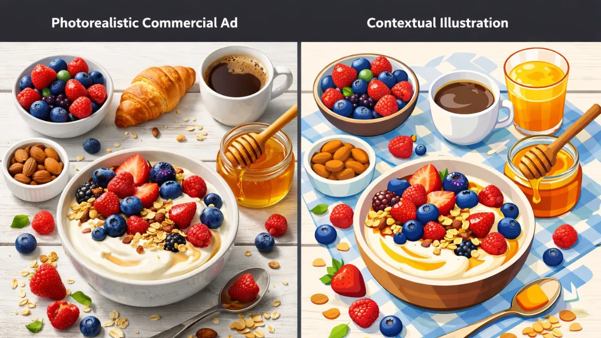 مقارنة بين إعلان تجاري واقعي ورسم توضيحي سياقي واعٍ بالويب مولدين من الأمر ذاته