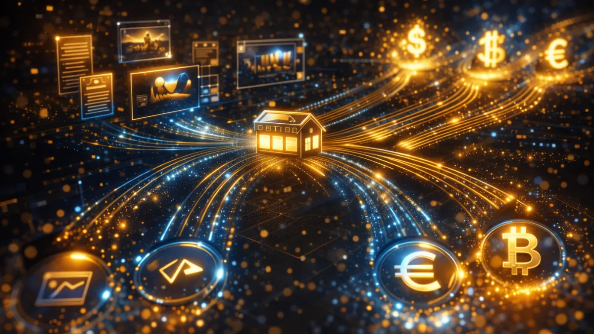 تصور مجرد لمنتجات أوامر رقمية تتدفق عبر قنوات الأسواق الإلكترونية إلى تدفقات دخل متعددة