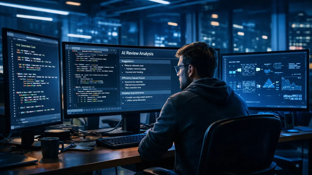 مهندس برمجيات يراجع كودًا مُولَّدًا بالذكاء الاصطناعي على شاشات متعددة في مكتب مستقبلي