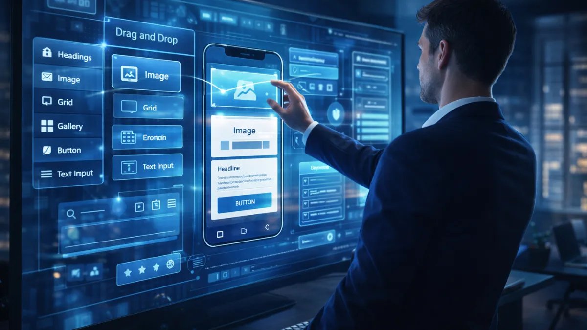 رجل أعمال يبني تطبيقاً رقمياً باستخدام واجهة تفاعلية بلمسة الشاشة في بيئة مكتبية تقنية حديثة