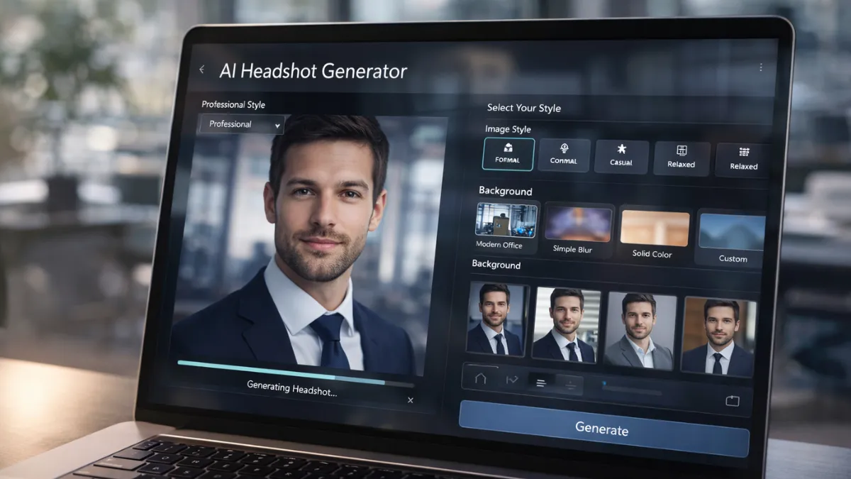 شاشة حاسوب تعرض واجهة أداة توليد صور بروفايل بالذكاء الاصطناعي في بيئة عمل هادئة