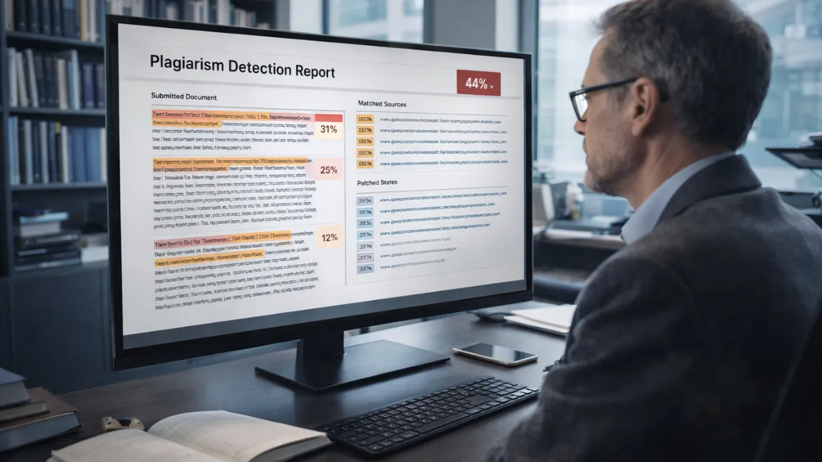 أستاذ جامعي يراجع تقرير كشف السرقة الأدبية على شاشة كبيرة تُظهر المقاطع المتشابهة
