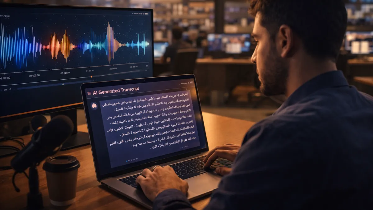 صحفي عربي يراجع نصاً مُفرَّغاً تلقائياً بالذكاء الاصطناعي على شاشة حاسوبه في غرفة الأخبار