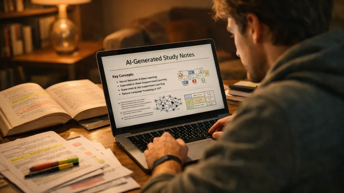 طالب جامعي يراجع ملاحظات دراسية مولدة بالذكاء الاصطناعي على حاسوبه المحمول
