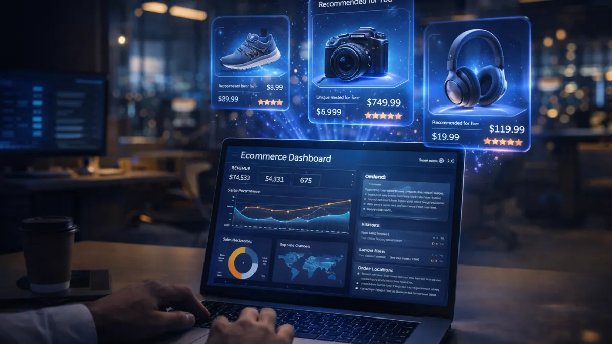 لوحة تحكم تجارة إلكترونية مدعومة بالذكاء الاصطناعي مع توصيات منتجات في الوقت الفعلي