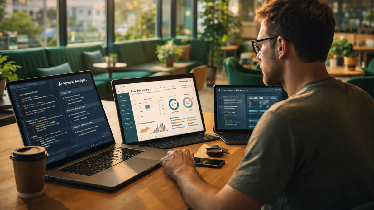 مستقل يعمل عن بُعد من مساحة عمل مشتركة مع أدوات ذكاء اصطناعي مفتوحة على شاشات متعددة