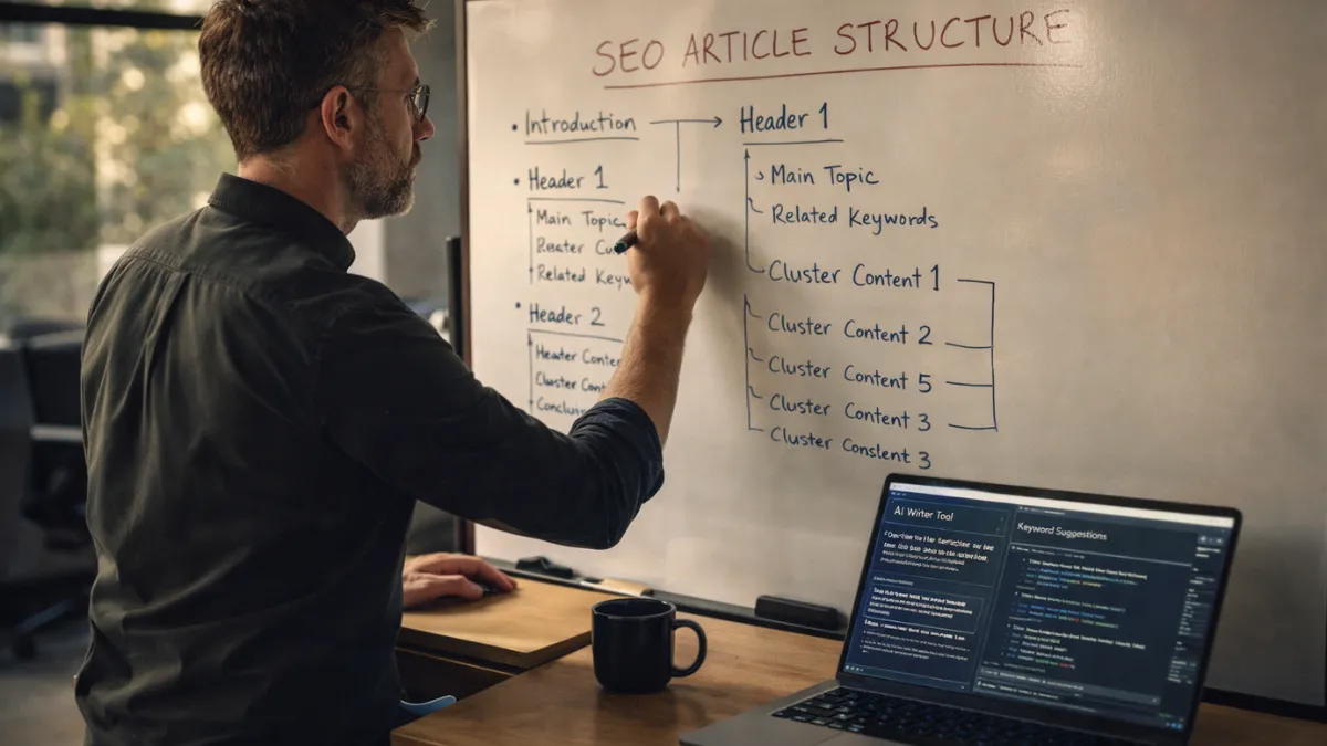 استراتيجي محتوى يرسم هيكل مقال SEO على لوح أبيض كبير مع أدوات الذكاء الاصطناعي مفتوحة على حاسوبه