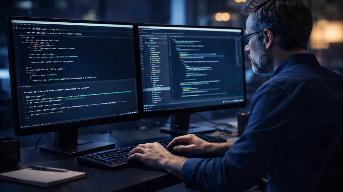 مطوّر أول يراجع كوداً مُولَّداً بالذكاء الاصطناعي على شاشتين مع بيئة تطوير مفتوحة في مكتب داكن