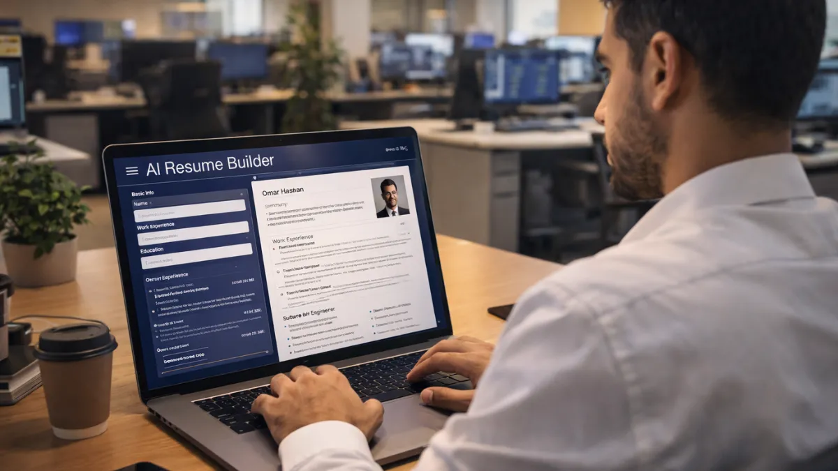 شخص عربي يجلس أمام لابتوب وعلى الشاشة واجهة أداة AI لإنشاء السيرة الذاتية، بيئة مكتبية احترافية ومضيئة، نمط واقعي احترافي