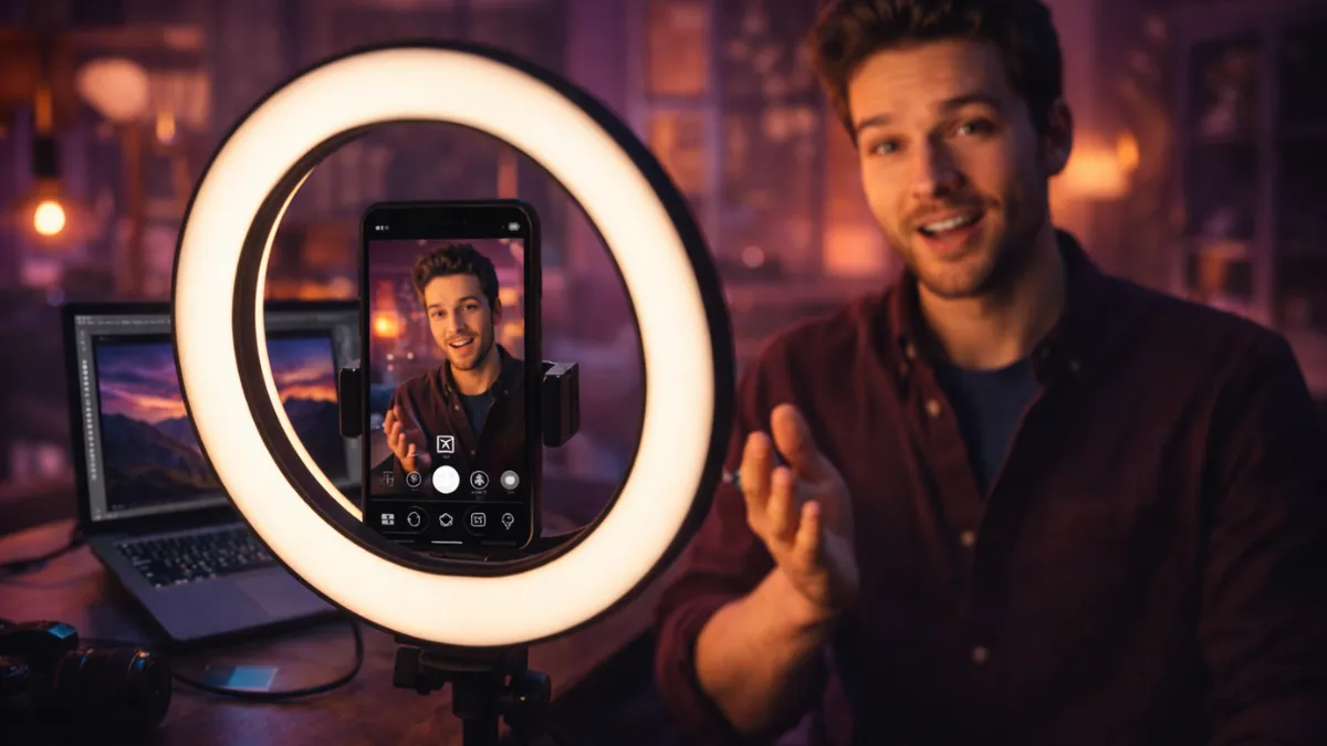 منشئ محتوى في استوديو منزلي يُصوّر ريلز رأسياً بينما تعمل أداة تحرير AI على الحاسوب خلفه