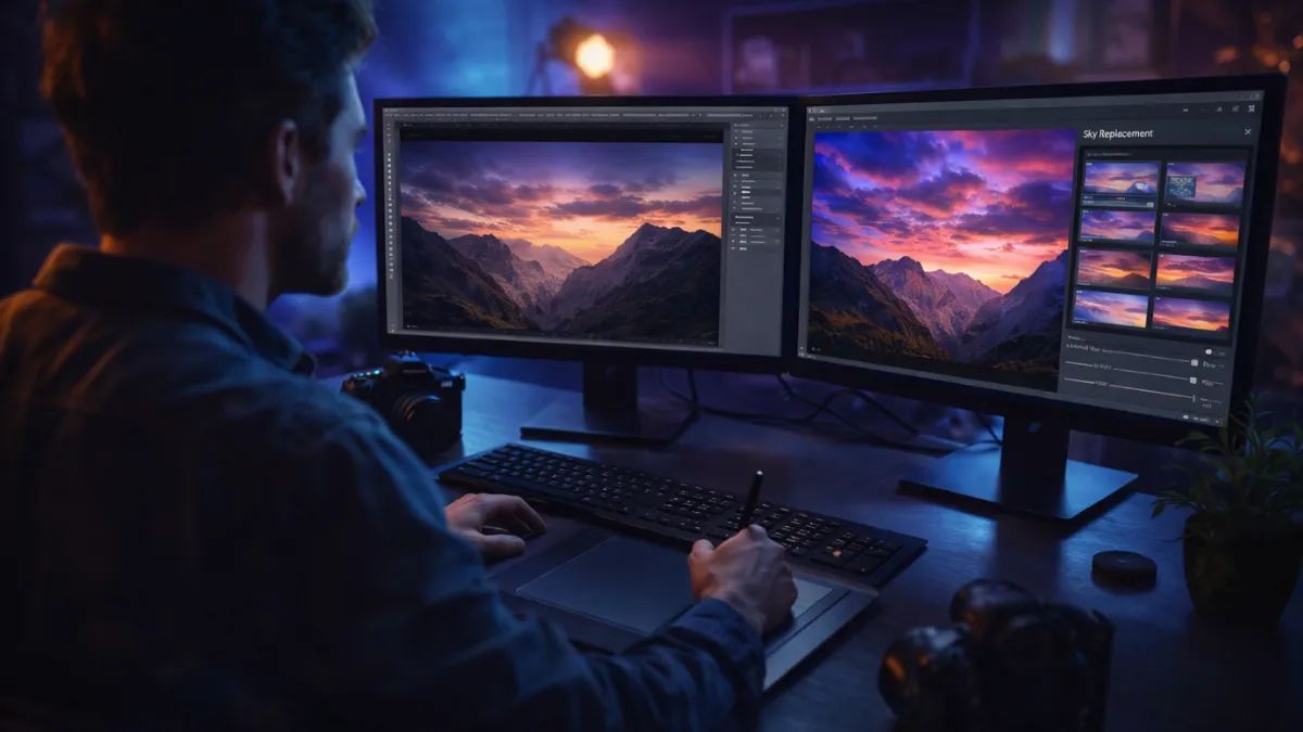 مصور محترف يعمل على محطة تحرير مزدوجة الشاشات باستخدام برنامج تحرير صور بالذكاء الاصطناعي