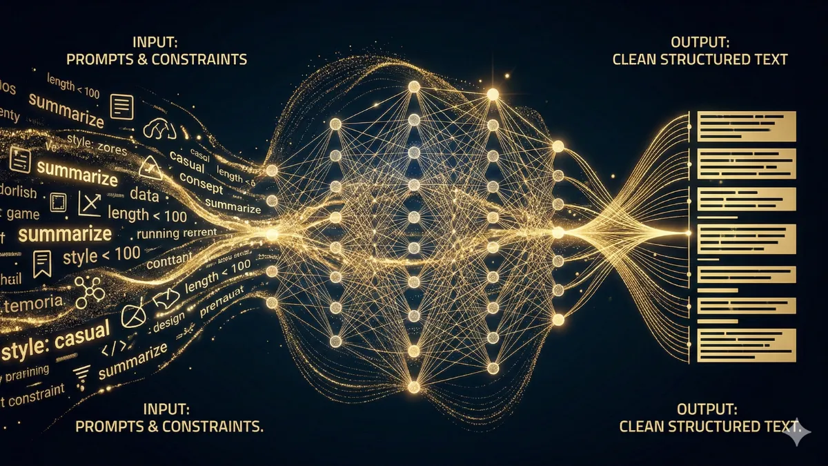تصور مجرد لكلمات وقيود تتدفق إلى شبكة عصبية وتخرج كنص منظّم واضح