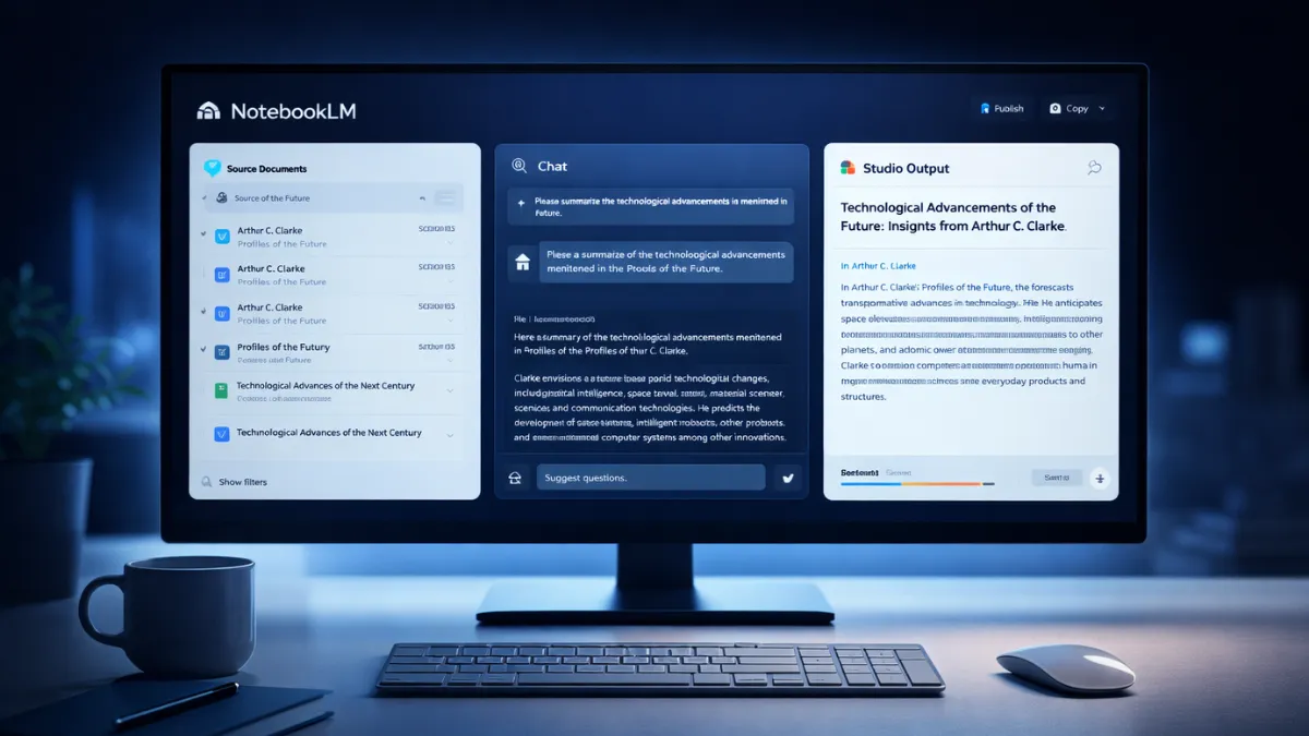 واجهة NotebookLM ثلاثية الألواح مع Studio Panel لتوليد المخرجات