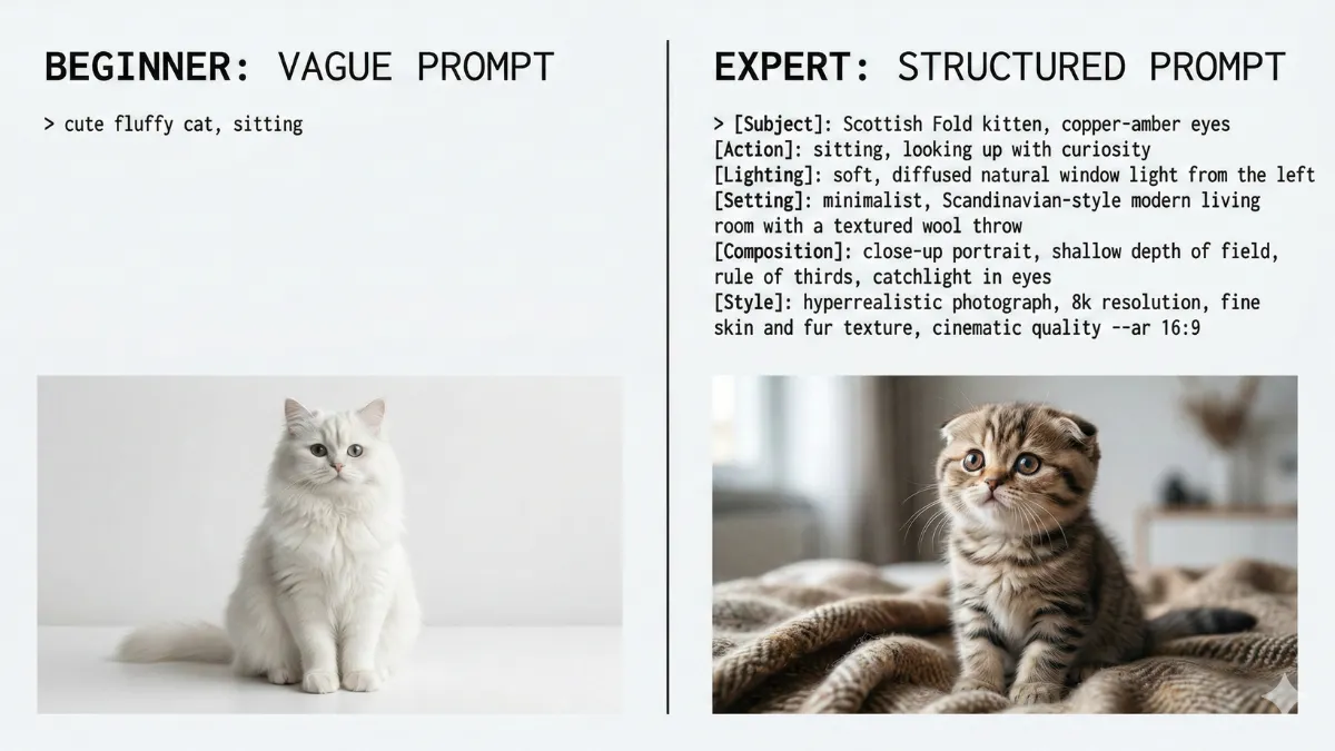 مقارنة بين أمر مبتدئ مبهم وأمر خبير منظّم مع مخرجات ذكاء اصطناعي مختلفة جذرياً