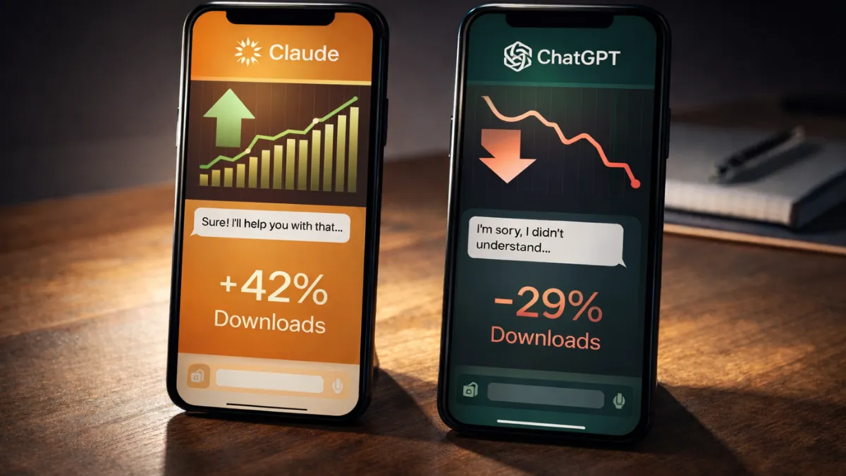 واجهتا تطبيقَي ذكاء اصطناعي متنافسين على هاتفين جنباً إلى جنب يظهران ارتفاع تنزيلات أحدهما وتراجع الآخر