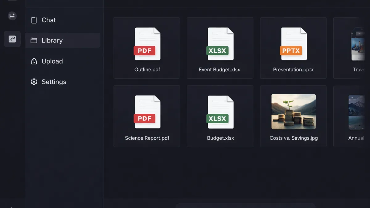 واجهة مكتبة الملفات الجديدة Library في ChatGPT مع عرض منظّم للملفات في الشريط الجانبي