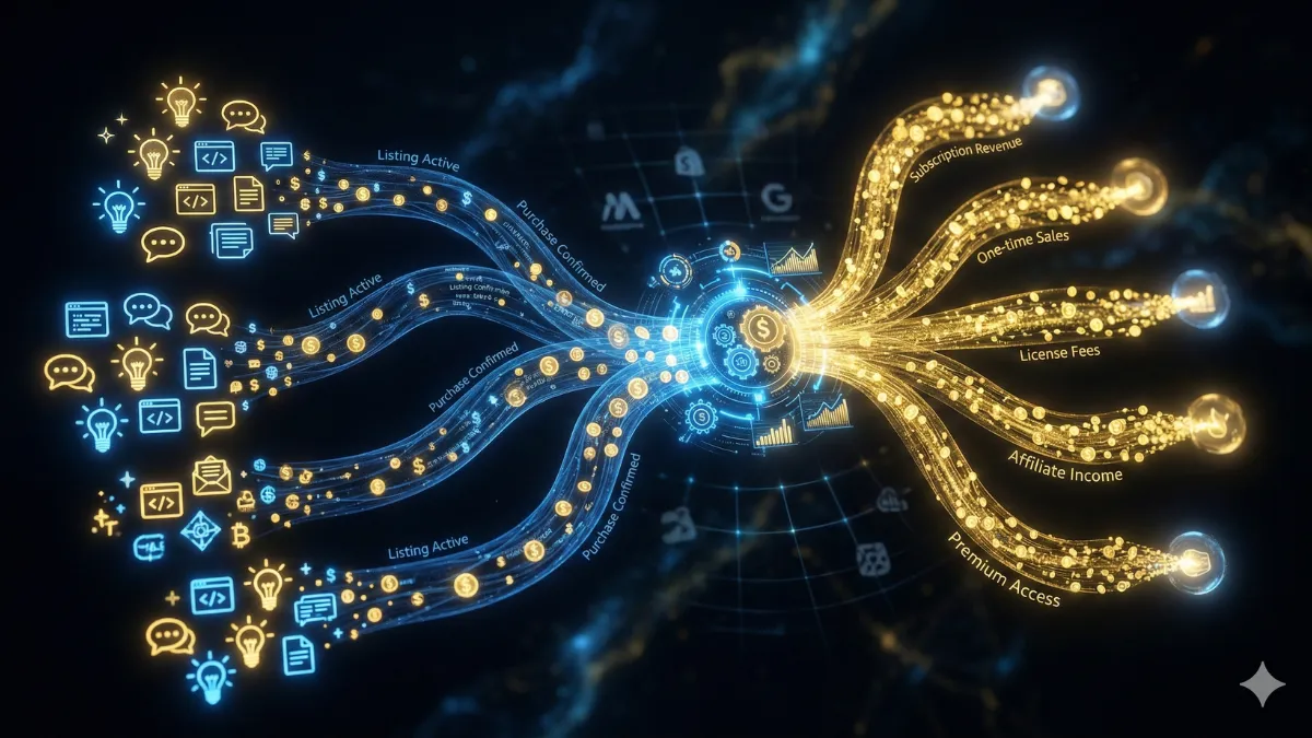 تصور مجرد لمنتجات أوامر رقمية تتدفق عبر قنوات الأسواق الإلكترونية إلى تدفقات دخل متعددة