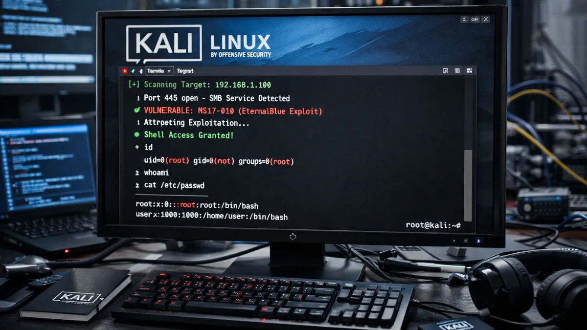 شاشة Kali Linux تعرض نتائج اختبار اختراق في بيئة عمل أمن سيبراني احترافية