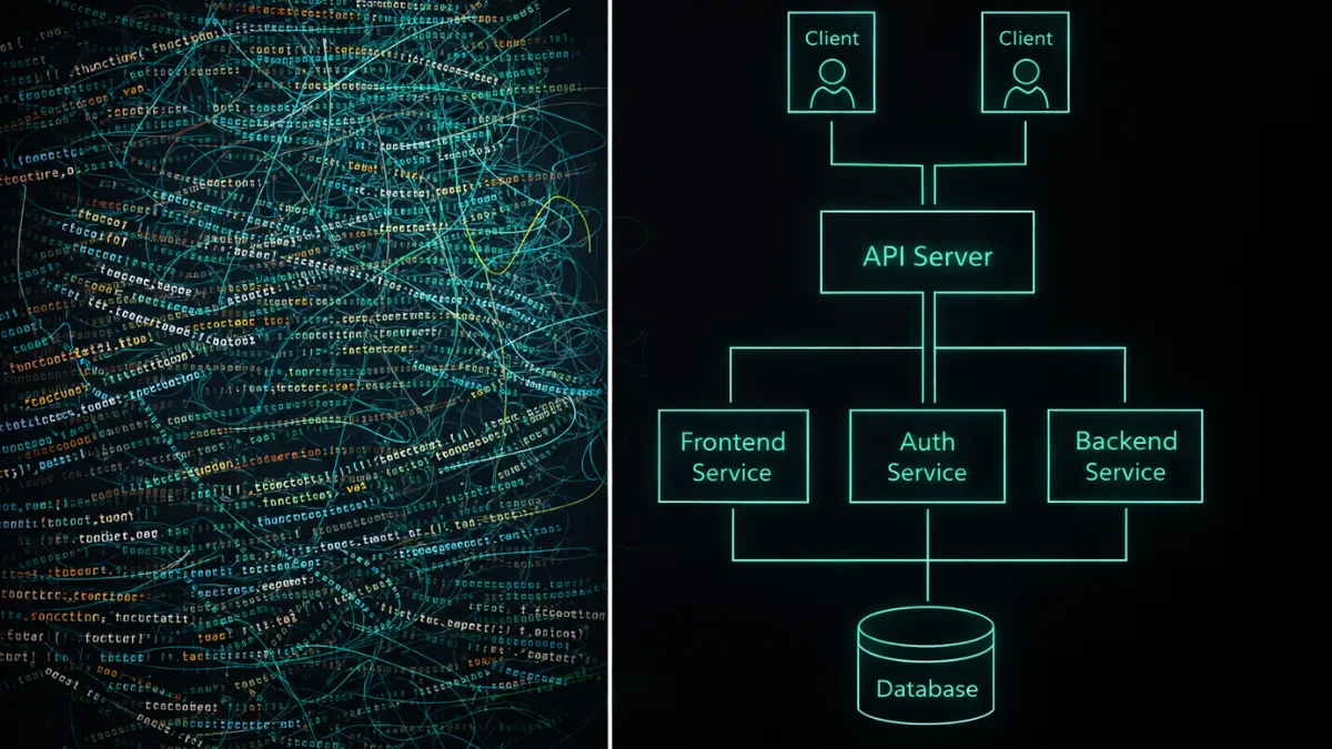 مقارنة بصرية بين الكود الفوضوي لـ Vibe Coding والبنية المنظمة