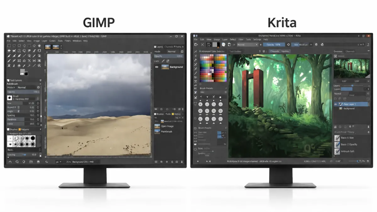 مقارنة بصرية بين واجهتي GIMP وKrita